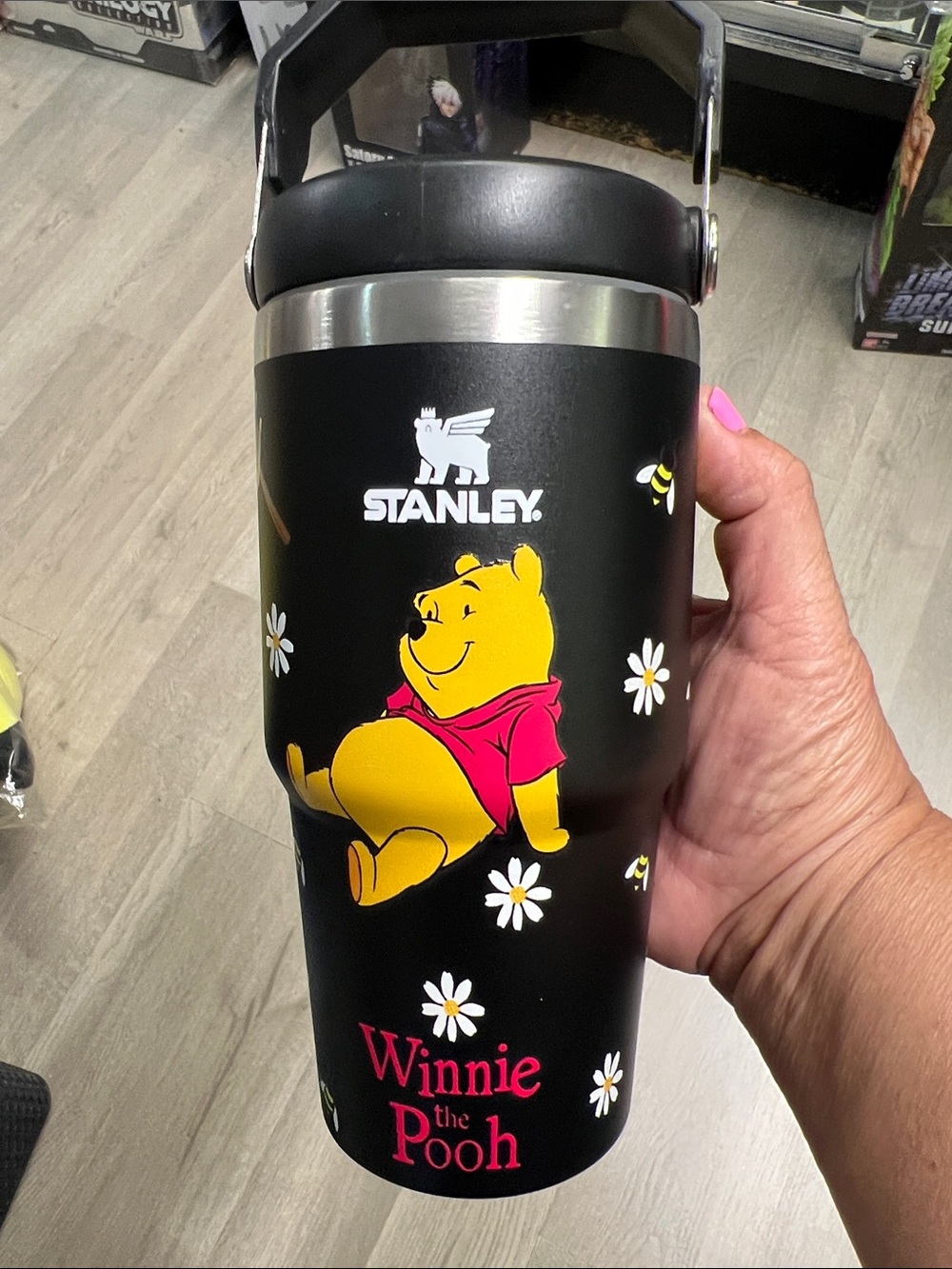 Stanley Black Winnie the Pooh Kids Travel Tumbler with Yellow & Pink Accents